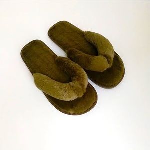 Olive Green Fur Thong Slippers